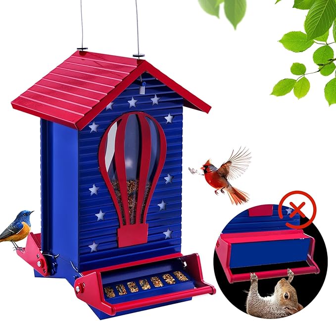 Squirrel Proof Bird Feeder Metal Hanging Seed House Feeders for Outdoors Weight -Activated Protection, Water & Chewing Proof, 5 lbs Large Capacity Anit Squirrel Outside Backyard