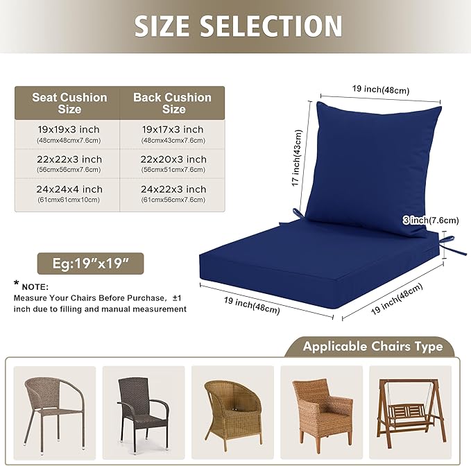 24x24 Inch Outdoor Cushions for Patio Furniture, Waterproof Outdoor Chair Cushions w/ Fade-Resistant, Removable & Machine-Washable Cover, Deep Seat Sofa/Couch Pad Replacement – Set of 1/2/4, Navy Blue