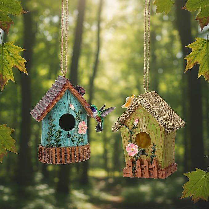 2 Pcs Decorative Birdhouse for Outdoor Hanging Bird Houses for Outside Colorful Decorative Cute Resin Birdhouses for Outside Indoors Garden Backyard Decor, Gift for Bird Lovers (Simple)
