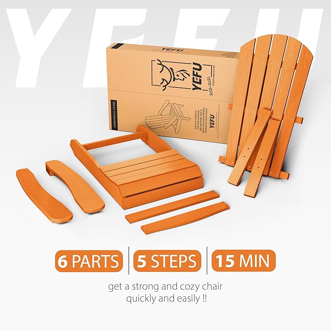 YEFU Adirondack Chairs Set of 6: Plastic Adirondack Chairs - Patio Chairs with Wood Texture - Outdoor Chair HIPS - Lawn Fire Pit Deck Porch Garden Chairs for Adults(Tangerine)