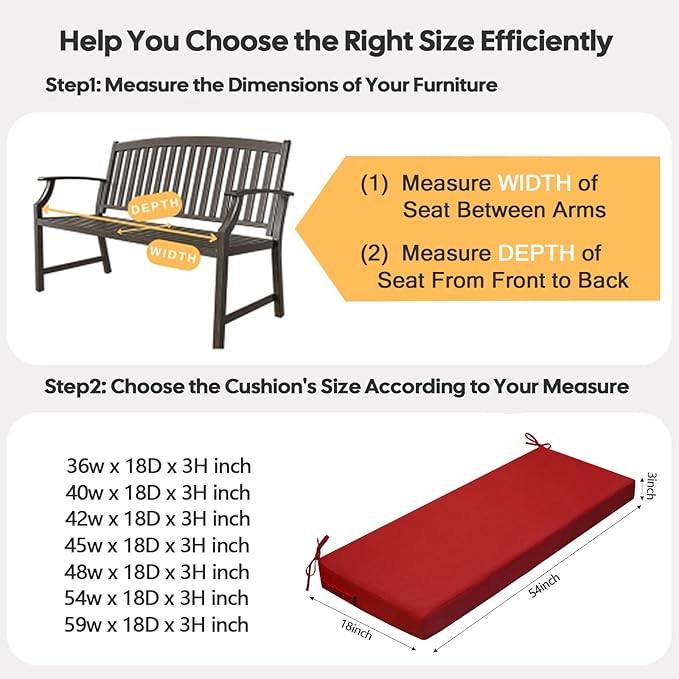 idee-home Outdoor Bench Cushion Waterproof, Bench Cushions for Outdoor Furniture, Patio Porch Swing Replacement Seat Pad with Ties for Garden Backyard, 54 x 18 Inch
