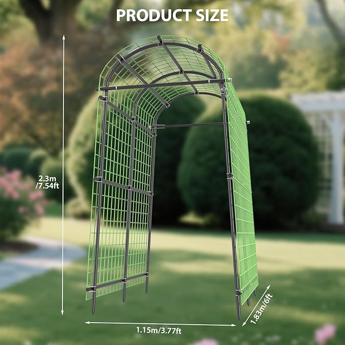 7.5FT Metal Garden Arch Trellis with Netting, Adjustable 35"–45" Arbor for Climbing Plants, Roses, Grapes & Vegetables, Weatherproof Steel Pergola with Ground Clips, Easy Fold-Out Assembly