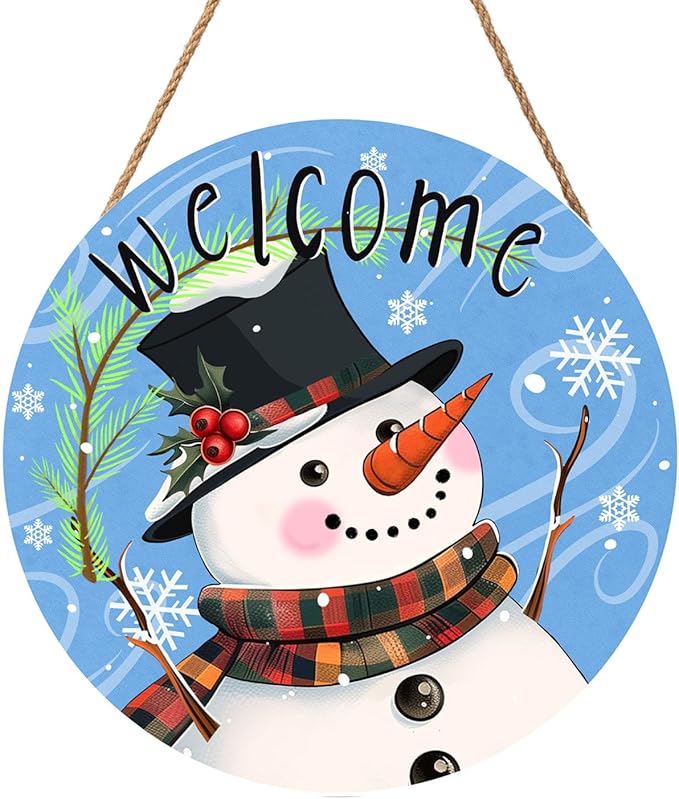 Welcome Snowman Blue Door Sign For Front Door Decor,Green Pine Branch Snowflakes Wooden Sign 12"x 12" Round Wood Hanging Door Sign Winter Decoration for Wall Rustic Decor
