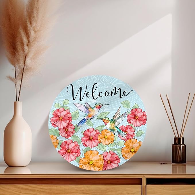 Summer Hummingbird Welcome Door Sign Floral Birds Sign for Front Door Wall Decor Summer Flower Wooden Door Hanger Seasonal Wreath Farmhouse Hanging Home Outdoor Decorations 12 Inch