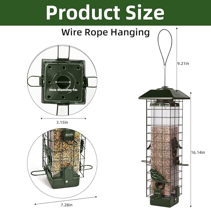 Squirrel Proof Bird Feeder, Metal Mesh Bird Feeder for Outside, Large Capacity and 4 Ports Perches (Green)