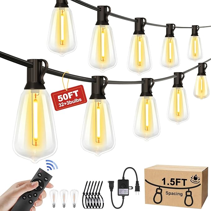 50FT Outdoor String Lights - 32+3 Bulbs (𝟏.𝟓𝐅𝐓 𝐁𝐮𝐥𝐛𝐬 𝐒𝐩𝐚𝐜𝐢𝐧𝐠) | Remote & Dimmer, 3 Light Modes & Timing, IP65 Waterproof, 50PC Mounting Ties for Patio/Outside/Commercial