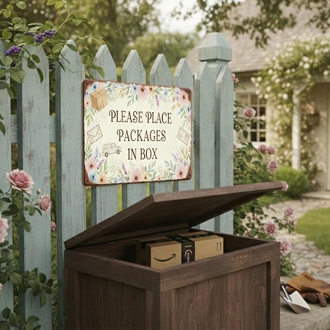 Floral Delivery Tin Sign - "Please Place Packages in Box" - Vintage Watercolor Floral Porch Decor - Universal Instruction Plaque for All Carriers - 8x12 Rust-Free Aluminum - Polite Package Drop Off Metal Sign