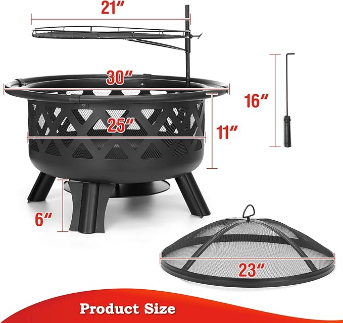 SINGLYFIRE 30 Inch Fire Pits for Outside with Grill Outdoor Wood Burning Firepit Large Steel Firepit Bowl for Patio Backyard Picnic Garden with Swivel BBQ Grill, Ash Plate,Spark Screen, Poker
