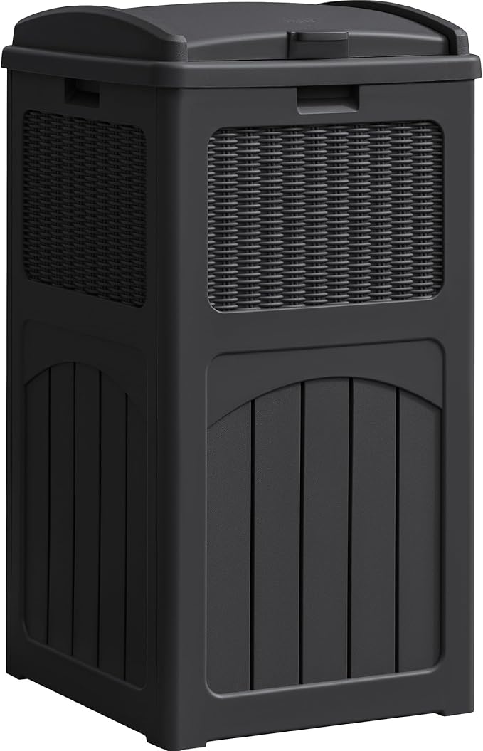 YESHOMY 33 Gallon Resin Outdoor Trash Can with Lid, Hideaway Waterproof Patio Garbage Bin, Black