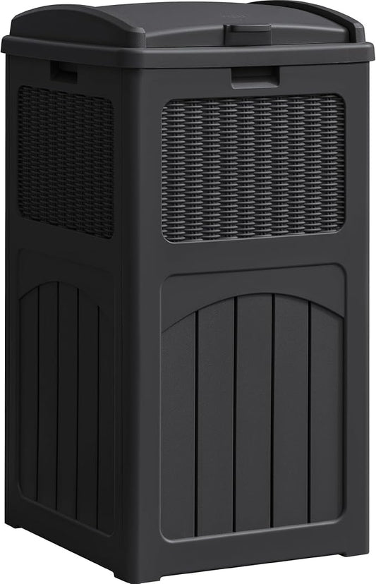 YESHOMY 33 Gallon Resin Outdoor Trash Can with Lid, Hideaway Waterproof Patio Garbage Bin, Black