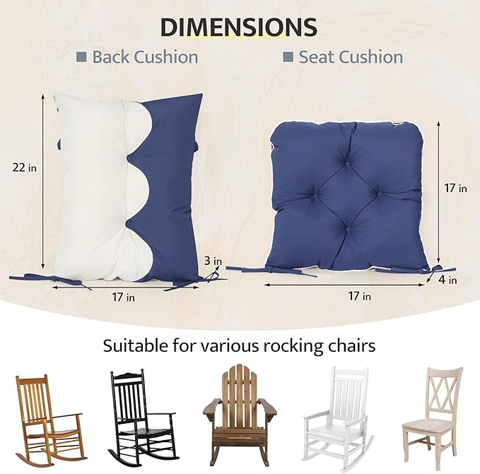 mudilun Outdoor Adirondack Chair Cushion High Weather Resistant Tufted Waterproof Rocking Chair Cushions Anti-Slip Thickened High Back Patio Seat Pads (Outdoor-Blue-White)