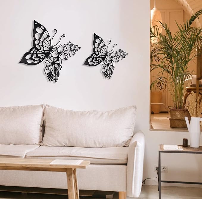 EZ4ENCE Butterfly Decoration Wall Art, Metal Hanging, Wall Home Decor, Boho, Nature Themed, Bohemian Style, for Bedroom Living Room Home Wall, Black, Large