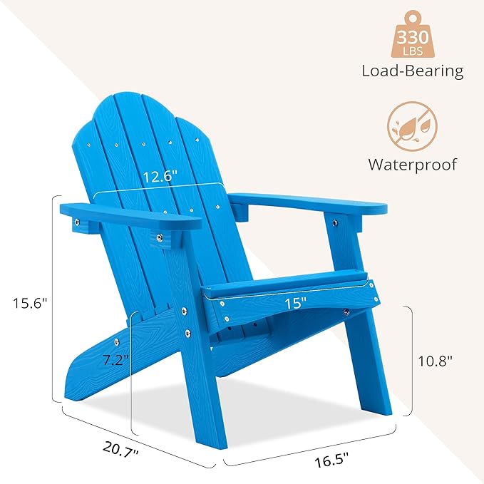 LUE BONA Kids Adirondack Chair Set of 2, Blue Poly Lumber Plastic Weather Resistant Toddler Outdoor Patio Lounge Chair for Balcony, Backyard