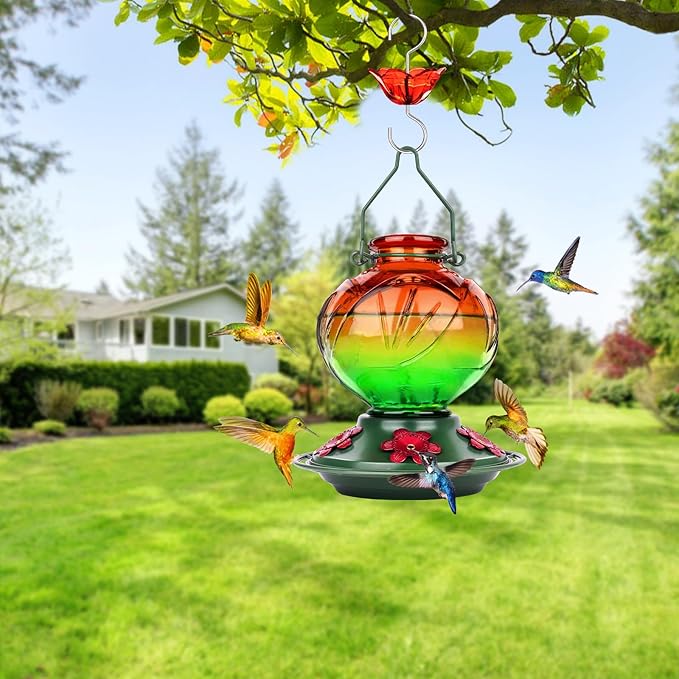 BOLITE Hummingbird Feeder, Glass Hummingbird Feeders for Outdoors Hanging, 22 Ounce, Five Feeding Ports with Perch, Peony Flower Shape, Orange and Green, Gifts for Women Men, Gifts for Mom Dad
