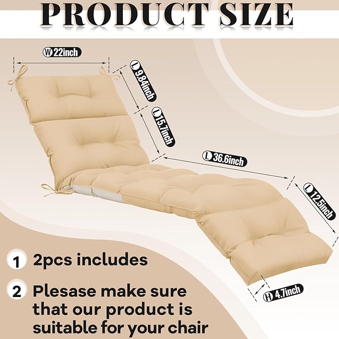 Kigley 2 Pcs Chaise Lounge Cushions 75 x 22 x 5 Inches Soft Lounge Chair Cushion Spring/Summer Seasonal Replacement for Outdoor Indoor Home Office (Beige)