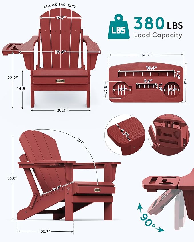 SERWALL Folding Adirondack Chair Set of 4, Outdoor Adirondack Chairs with 4 in 1 Cup Holder, Wood Texture Patio Chairs, Weather Resistant Fire Pit Chairs for Patio Deck Garden, Backyard - Red