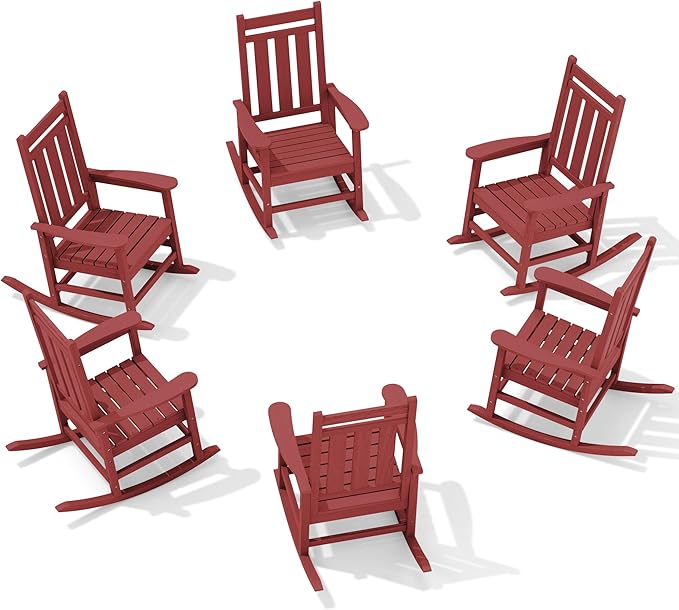 KINGYES Outdoor Rocking Chair Set of 6, All-Weather Patio Rocking Chairs for Porch, HDPE Rocking Outdoor Chairs with High Back for Adult, Heavy Duty Outdoor Patio Rockers for Garden, Lawn, Red