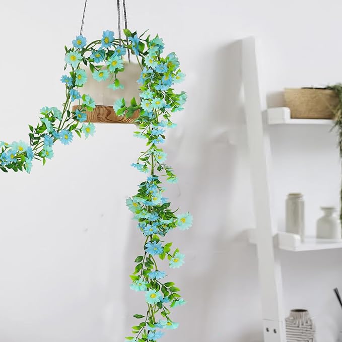 CISDUEO Artificial Daisy Flowers Vine Silk Wildflower Garland Spring Fake Flower Vine Hanging Ivy Blue Daisy Flowers Green Leaves for Wall Party Wedding Arch Floral Decor Home Indoor Outdoor Ceremony