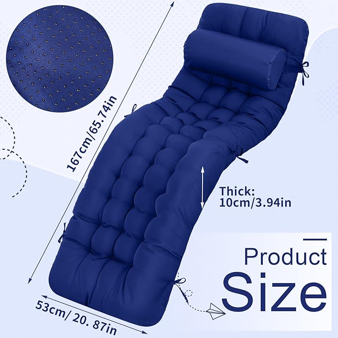 Tudomro 2 Pcs Blue 66'' Outdoor Chaise Lounge Cushion Waterproof Patio Lawn Pool Chaise Lounge Cushion with Headrest Pillow & Ties Weather Fade Resistant Replacement Longue Chair Pad