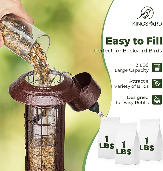 Kingsyard Squirrel Proof Bird Feeder for Outside Hanging, Weight-Activated All-Metal Wild Bird Feeders for Cardinal Finch, Detachable Base Easy to Clean, 3 LBS Capacity,Bronze