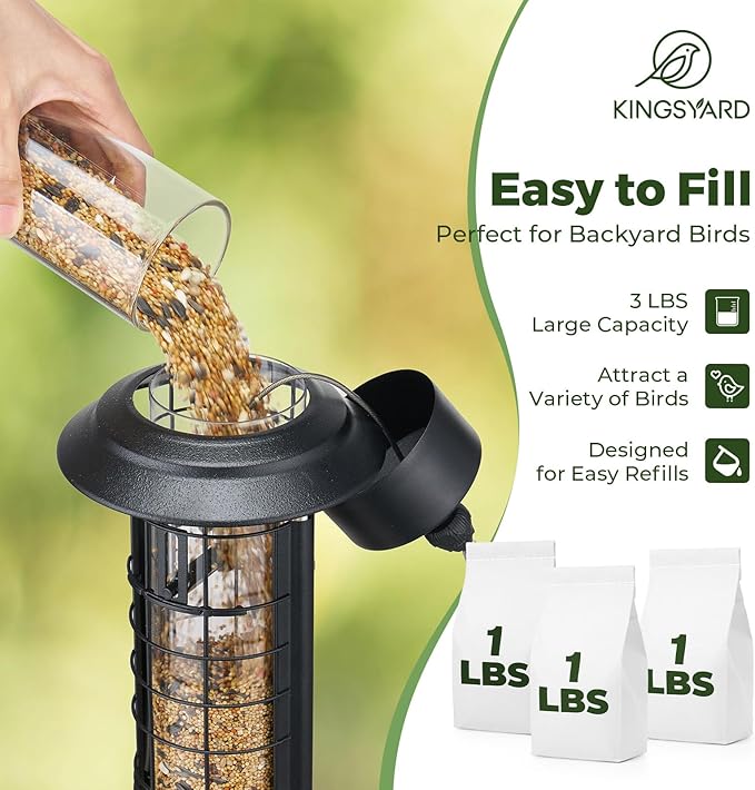 Kingsyard Squirrel Proof Bird Feeder for Outside Hanging, Weight-Activated All-Metal Wild Bird Feeders for Cardinal Finch, Detachable Base Easy to Clean, 3 LBS Capacity,Black