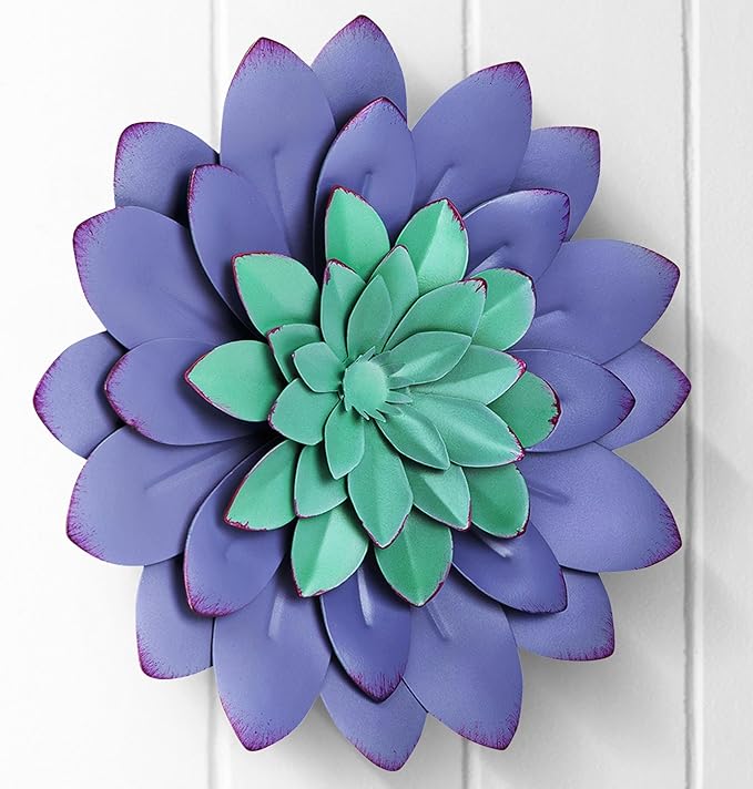 Everydecor Succulent Metal Flowers Wall Decor – Purple, Hand Painted, 3D Flower Art Decoration for Living Room, Bedroom, Kitchen, Bathroom - Floral Decor for Indoor & Outdoor Use