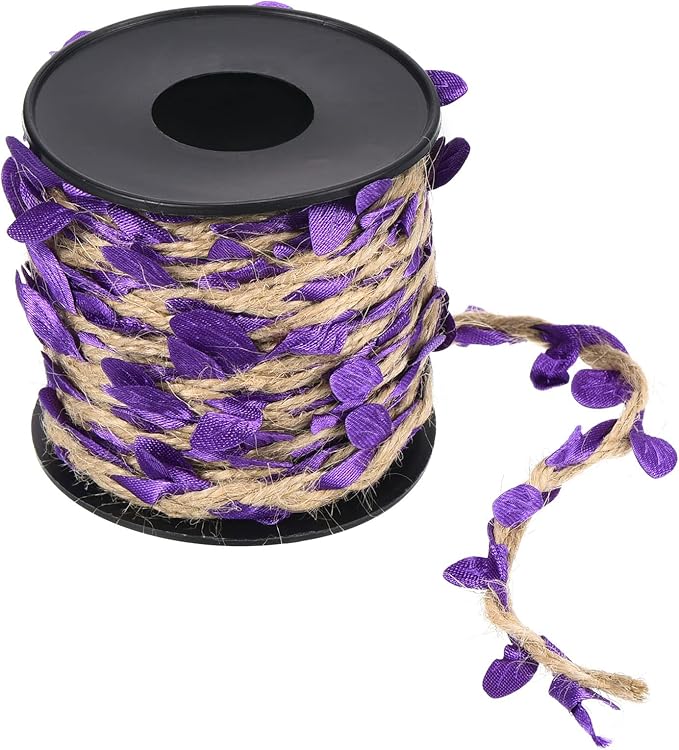 PATIKIL 33ft 5mm Burlap Leaf Ribbon, Braided Decoration Vine Natural Jute Rope Twine with Artificial Leaves for Jungle Wedding Party Home Garden Decor, Purple
