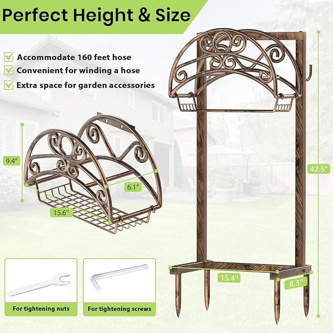 TomCare Garden Hose Holder Upgraded Detachable Water Hose Holder Thick Metal Hose Hanger Heavy Duty Free Standing Garden Hose Storage Hose Stand Decorative Hose Organizer for Outside, Bronze