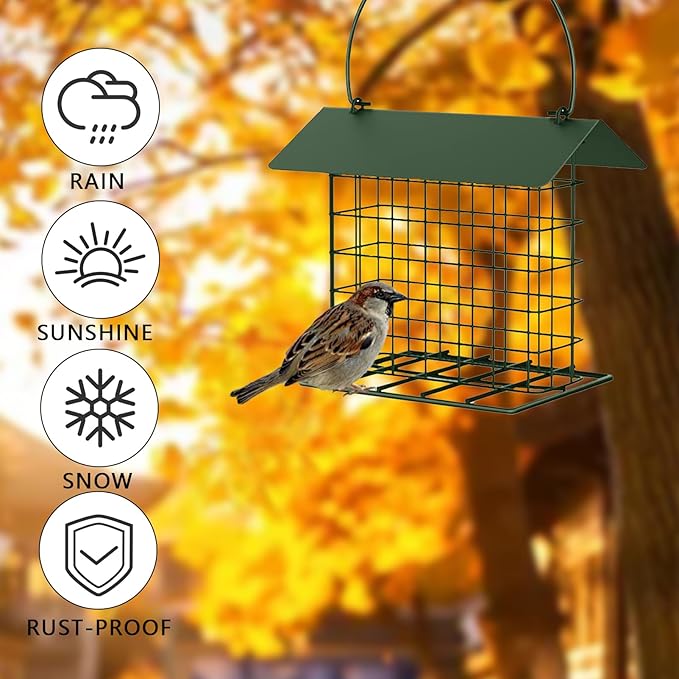 Suet Cake Bird Feeder Outdoor Hanging Metal Wire Wild Bird Feeder Fat Ball Food Feeder with Metal Roof and Platform Outside Cake Suet Feeder Rainproof(Green)