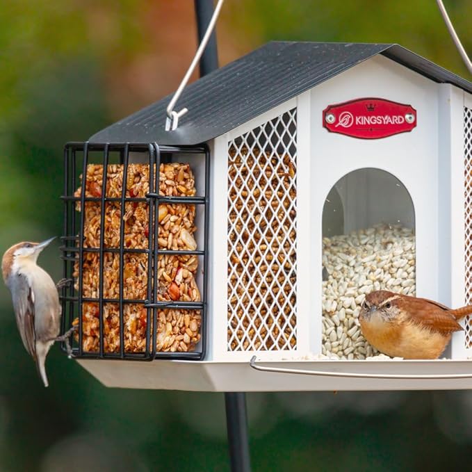 Kingsyard Large Metal Bird Feeders for Outdoors Hanging with Weatherproof Roof, 4 in 1 Removable Double Suet Feeder for Woodpecker, 4 Lbs Capacity for Cardinal Finch Chickadee, White