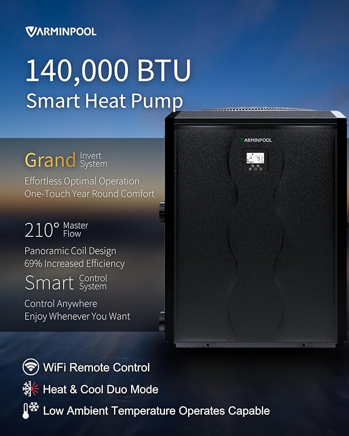140000 BTU Electric Pool Heater, Full Inverter Pool Heat Pump for 42000 Gallons In and Above Ground Pools, Smart WiFi App, Timer, Heating and Cooling, 47dB Quiet Operation, 220V