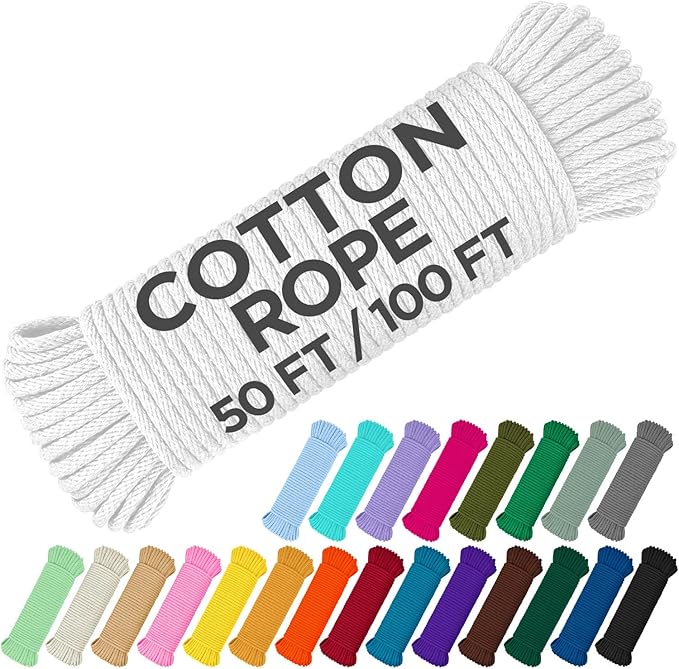 TECEUM Cotton Rope 3/16” (5 mm) – 50 FT – Strong All-Purpose Braided Rope – Natural Cotton – for Crafting, Сamping, Clothes Line, DIY, Indoor & Outdoor Use – White