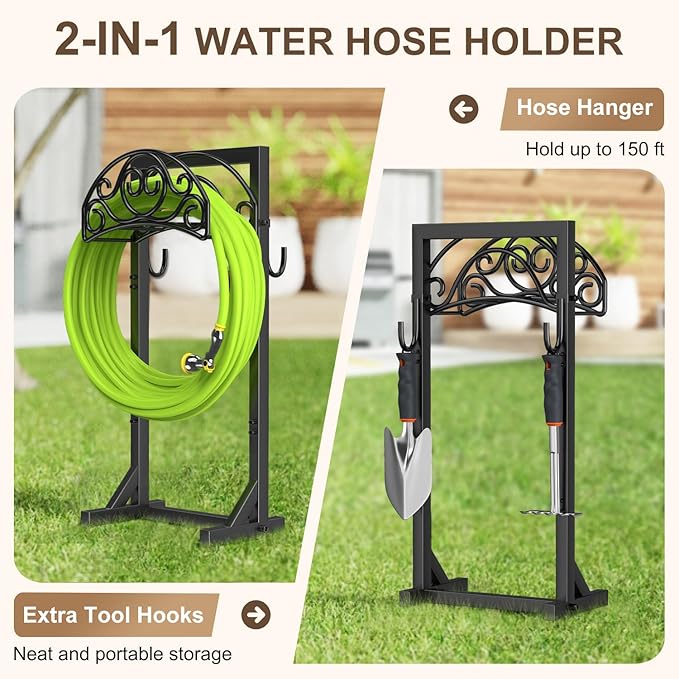 Freestanding Garden Hose Stand, Heavy Duty Water Hose Holder with Tool Hooks, 4 Anchoring Spikes, 150 ft Storage for Yard & Lawn