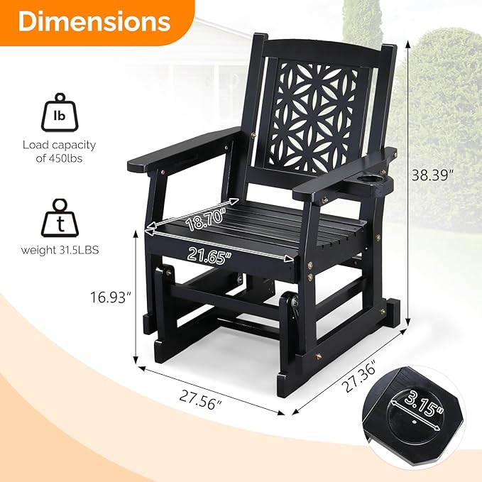 VINGLI Fir Wood Outdoor Glider with Floral Backrest, Wooden Patio Gliding Bench with Cup Holders, Smooth Rocking Chair for Garden, Yard & Porch (Black, 2.3 FT)