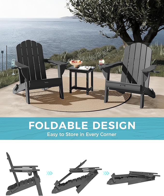 Adirondack Chairs Set of 2, HDPE Material Fire Pit Chairs, Plastic Adirondack Chairs with 2 Cup Holder, Outdoor Lawn Chair for Patio Garden，Dark Grey
