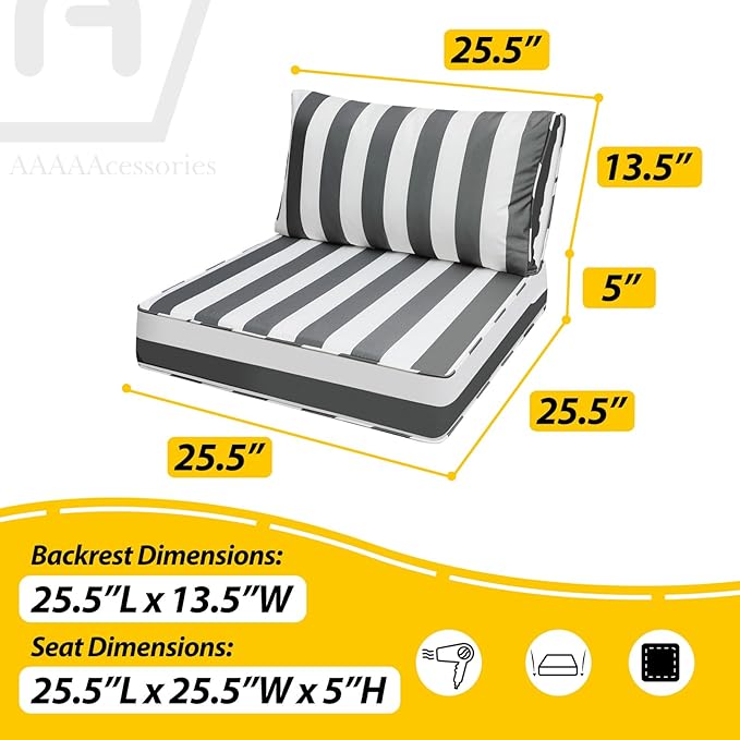 AAAAAcessories Outdoor Deep Seat Cushions, Waterproof, Fade-Resistant Patio Furniture Replacement Cushions, 25.5" x 25.5" x 5" + 25.5" x 13.5", Set of 4, Gray Cabana Stripe