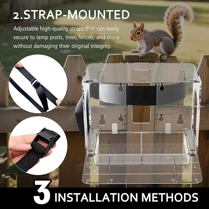Window Squirrel Feeder for Outside – 3 Mounting Options (Screw/Strap/Suction) which Easy to Install, Weatherproof Squirrel House, No Assembly Required – Ideal Backyard Gift for Father Mother Parent