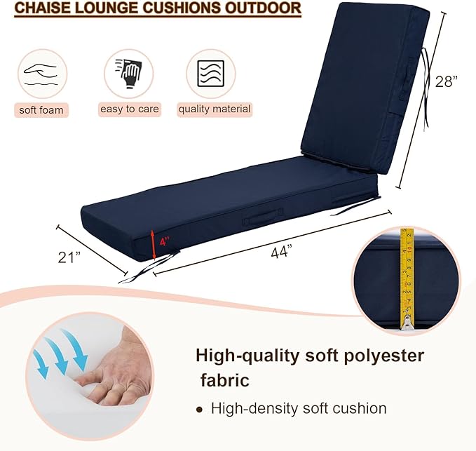 Chaise Lounge Cushions Outdoor Set of 2, Waterproof & Fade Resistant Patio Lounger Cushions, Replacement Sun Lounger Pads with Removable Cover for Pool, Deck, Lawn Furniture