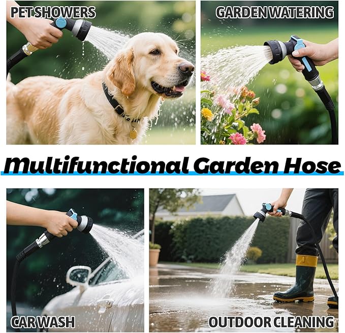 Garden Hose 100 ft, Water Hose with 10 Function Hose Nozzle, Ultra-Light & Flexible Hose for Yard, 3/4 GHT