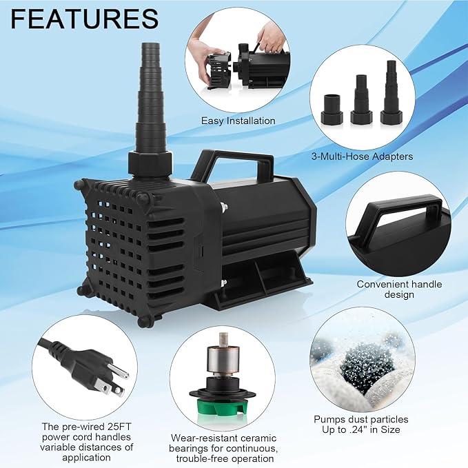 BARST 1720GPH Submersible Water Pump UL Certified Pond Pump with 25FT Cord, 150W High Flow Water Fountain Pump Waterfall Pump For Outdoor Ponds,Fountain, Waterfall, Koi Pond