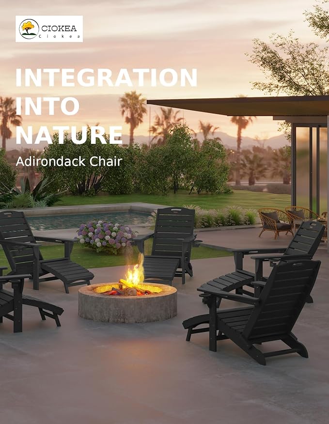 Ciokea Folding Adirondack Chair Set of 6 with Retractable Ottoman Fire Pit Patio Chair with Pull Out Foot Rest Weather Resistant Lawn Outdoor Chair with 2 Cup Holder(Black)