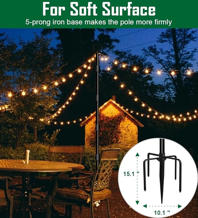 10Ft String Light Poles for Outside - 2 Pack Adjustable Metal Poles for Outdoor String Lights, Rustproof & Sturdy Light Stand Posts for Patio, Backyard, Deck, Garden, Party Decorations