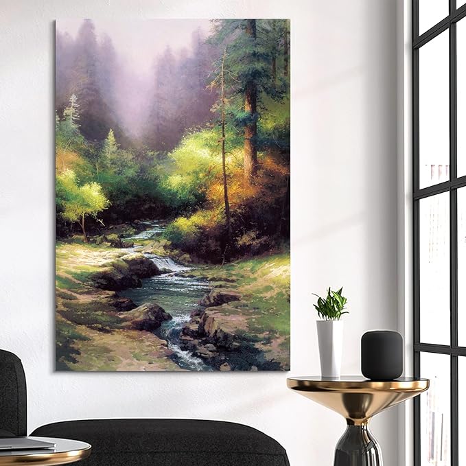 STUDIO HAVEN Thomas Kinkade Canvas Wall Art, Serene Woodland River Cascading Waterfalls Misty Greenery Oil Painting Poster Tranquil Nature Wall Decor, Framed Prints for Home Decor, 12x16Inch
