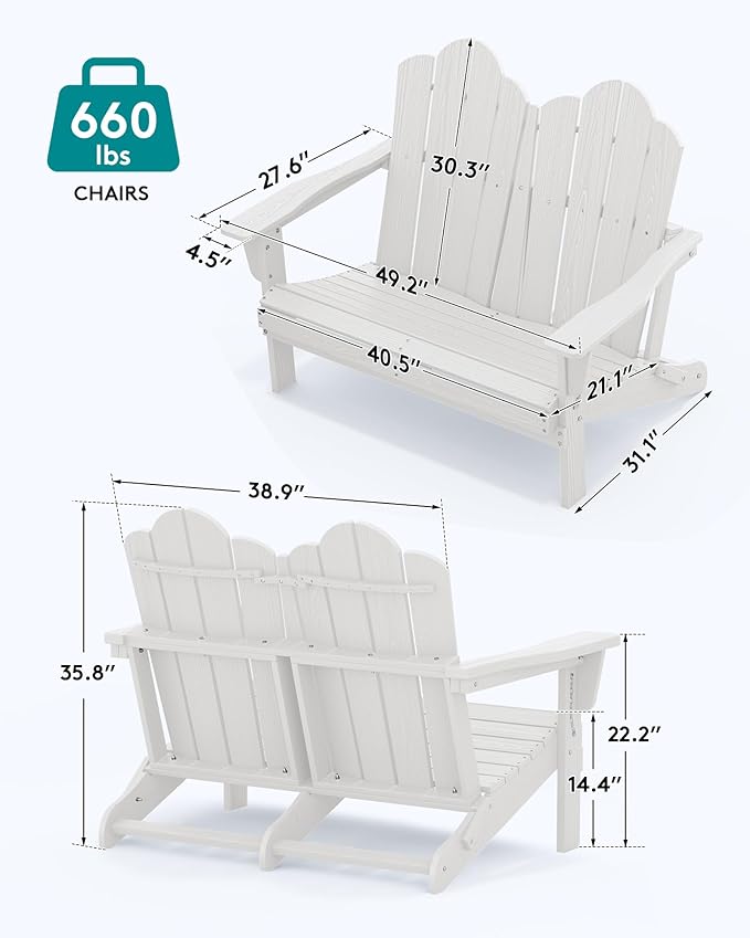 SERWALL Folding Adirondack Bench Set of 2, HDPE All-Weather 2-Person Adirondack Loveseat Bench, White