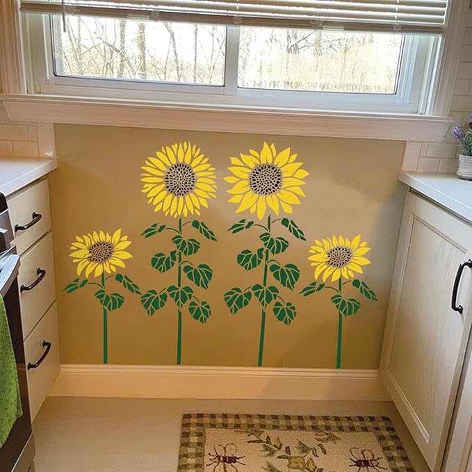 Large Sunflower Fence Stencil for Painting on Wood Fences Tall Flower Stencils Reusable Floral Plastic Templates for Wood Fence Walls Canvas (6 Large Sunflower)