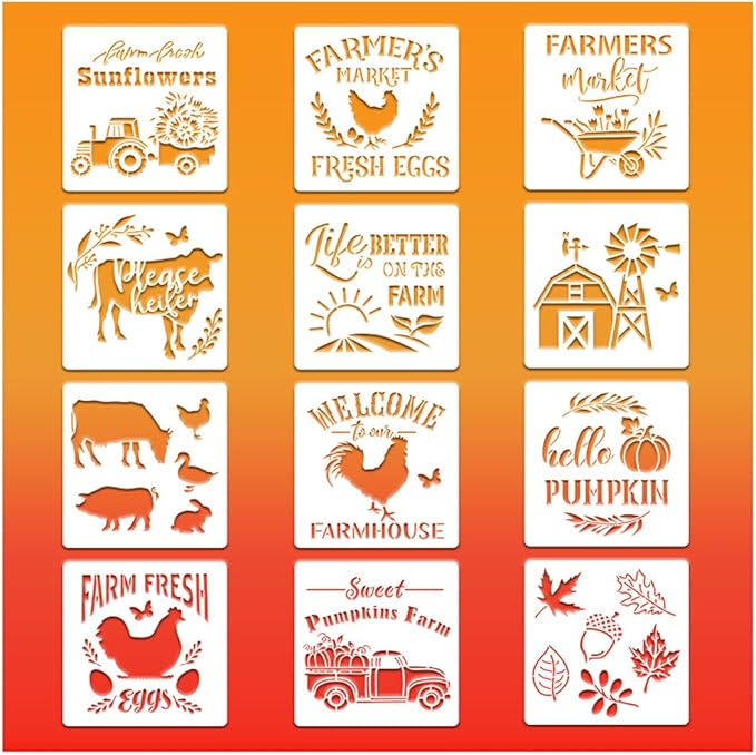 12 Pieces Farm Stencils Reusable Farmhouse Stencils Farm Theme Painting Template for Drawing Tracing DIY Furniture Wall Floor Fabric Decors Pastoral Lovers (6x6 inch)