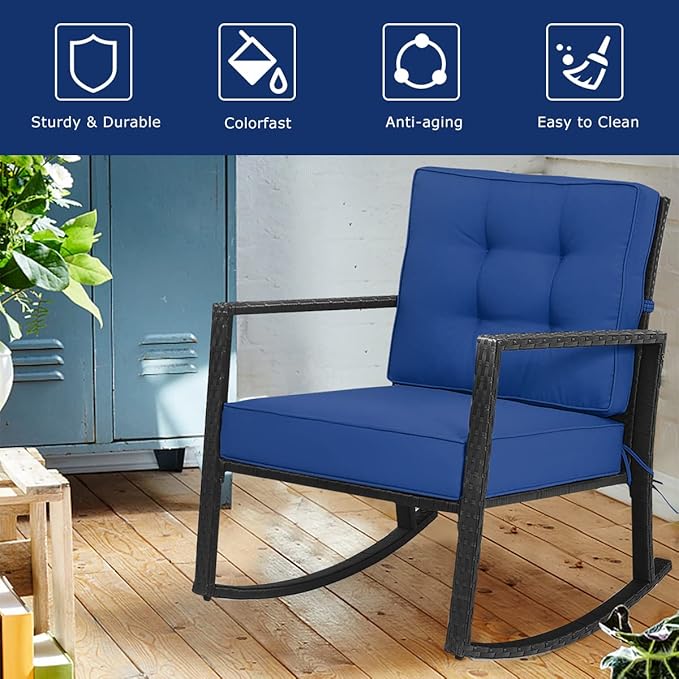 Tangkula Wicker Rocking Chair, Outdoor Glider Rattan Rocker Chair with Heavy-Duty Steel Frame, Patio Wicker Furniture Seat with 5” Thick Cushion for Garden, Porch, Backyard, Poolside (1, Blue)