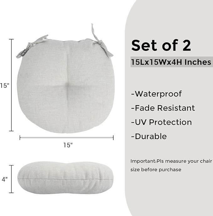 Bistro Chair Cushions 15 inch,Set of 2,Tufted Round Chair Cushions with Ties,15"x15"x4",Water Resistant Round Seat Cushion for Barstool Chairs,Patio Garden Kitchen Outdoor Furniture(Cloud Gray)