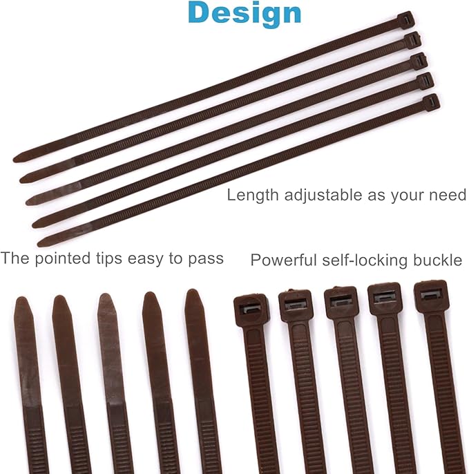 Cable Ties 12 Inch, Brown Zip Ties 50 Pieces, Thick 0.30 inch 120 Pounds Strength, Heavy Duty Outdoor Plastic Ties，Indoor Plants, DIY Projects，Garden, Home， Patio