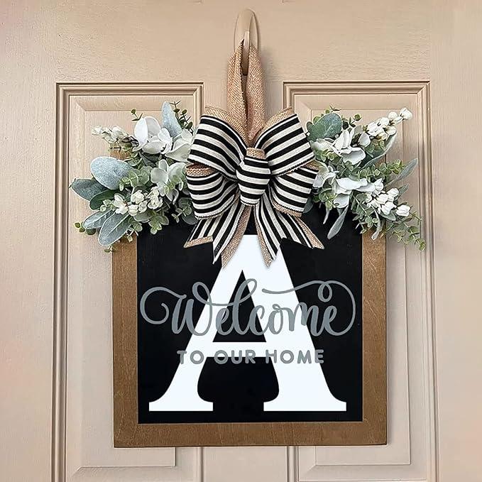 Last Name Front Porch Decor, Welcome Sign Door Wreath, Outdoor Decorations, 26 Letter Hanging Monogram Wreath for All Seasons (A)